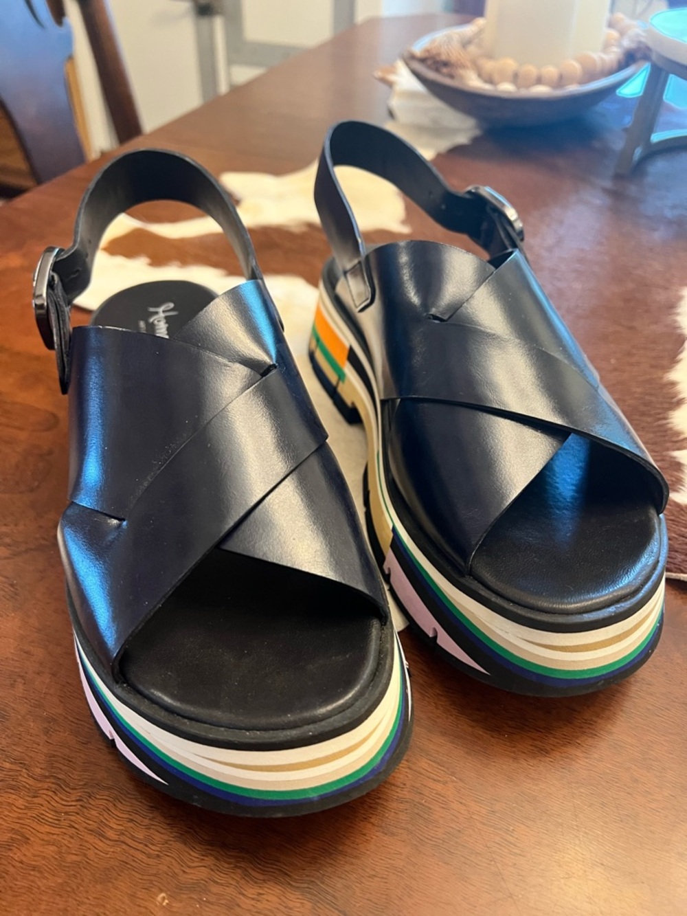 Navy Platform Cross‑Strap Sandals with Color-Striped Sole